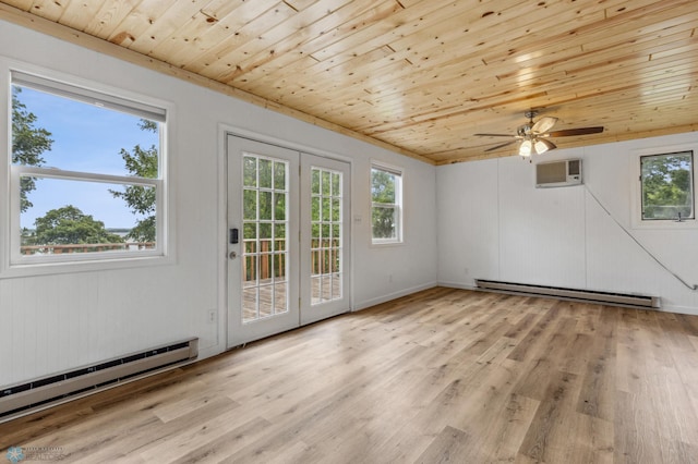 spare room with baseboard heating, wooden ceiling, and light wood-style flooring