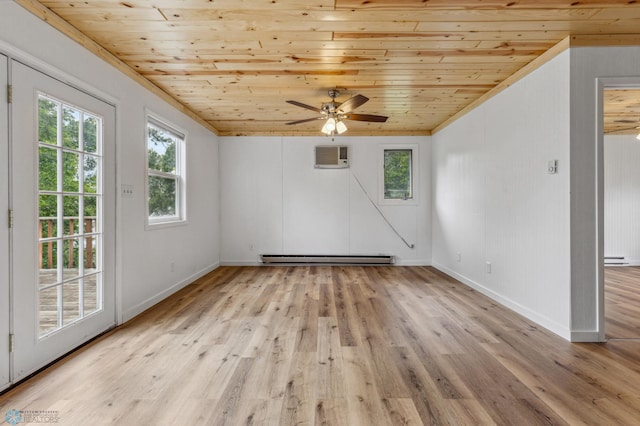 spare room featuring light wood-type flooring, wooden ceiling, baseboard heating, and crown molding