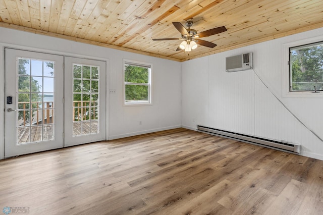 unfurnished room featuring a baseboard radiator, wood finished floors, wood ceiling, and a wall mounted air conditioner