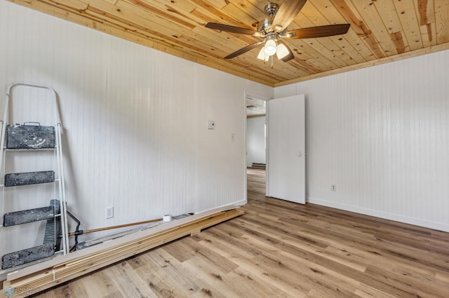 spare room with baseboards, wood ceiling, a ceiling fan, and wood finished floors