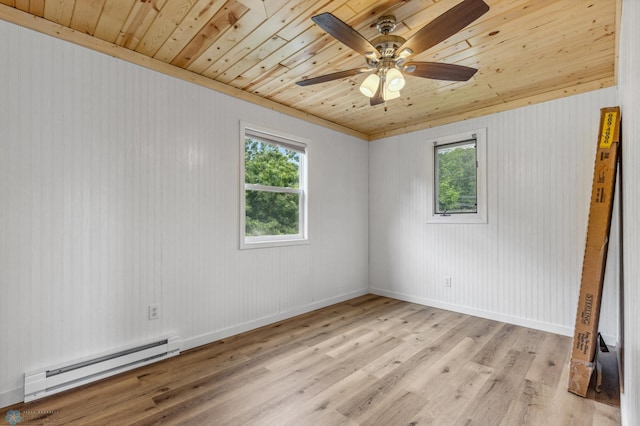 unfurnished room with wooden ceiling, light wood-style floors, plenty of natural light, and a baseboard heating unit