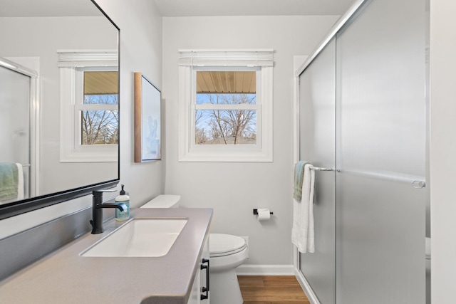 full bath featuring plenty of natural light, a stall shower, and toilet