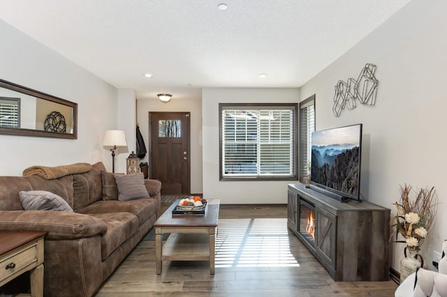 living area featuring a textured ceiling, baseboards, and wood finished floors