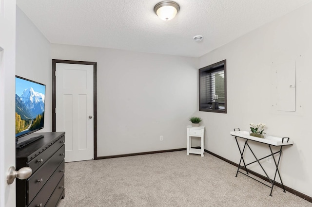 interior space featuring electric panel, light colored carpet, a textured ceiling, and baseboards