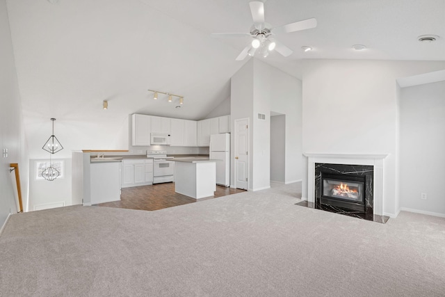 15721 France Way Unit 1312, Apple Valley, MN 55124 - unfurnished living room featuring a fireplace, ceiling fan, dark colored carpet, and baseboards