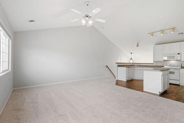15721 France Way Unit 1312, Apple Valley, MN 55124 - kitchen with lofted ceiling, white appliances, ceiling fan, white cabinetry, and dark carpet