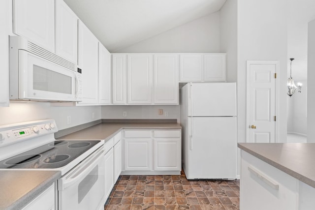 15721 France Way Unit 1312, Apple Valley, MN 55124 - kitchen with white appliances, stone finish floor, vaulted ceiling, an inviting chandelier, and white cabinets