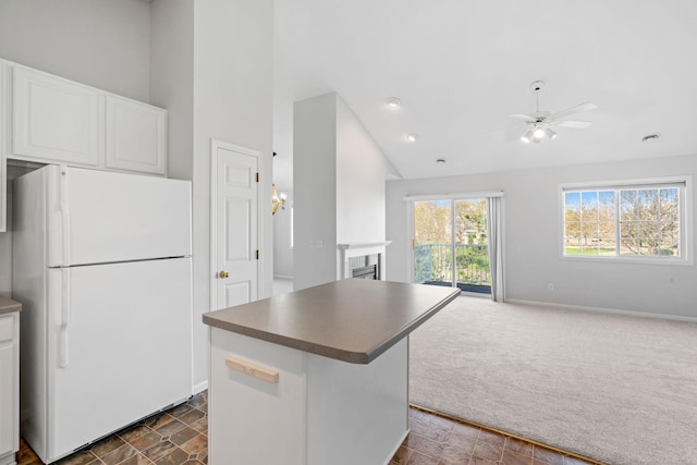 15721 France Way Unit 1312, Apple Valley, MN 55124 - kitchen with freestanding refrigerator, a ceiling fan, open floor plan, dark carpet, and a fireplace