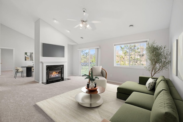 15721 France Way Unit 1312, Apple Valley, MN 55124 - carpeted living area featuring baseboards, a high end fireplace, ceiling fan, and high vaulted ceiling