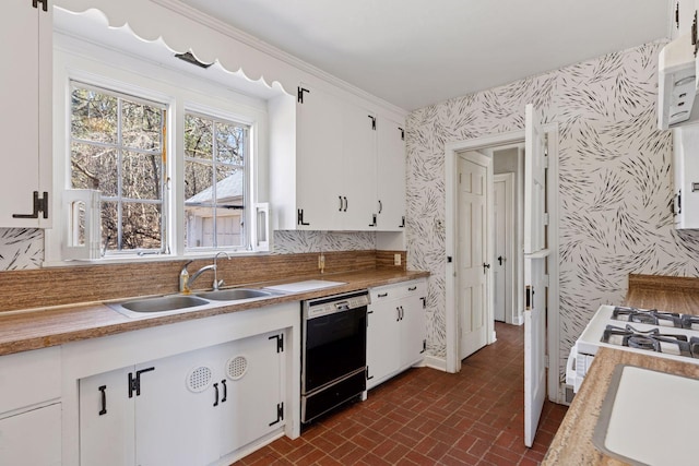 2148 Delaware Ave, Sunfish Lake, MN 55118 - kitchen featuring dishwasher, wallpapered walls, a sink, brick patterned flooring, and white cabinets