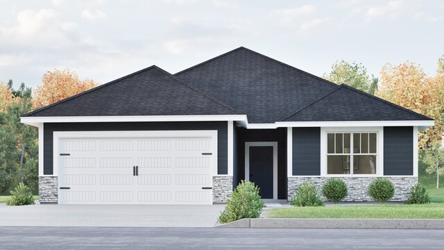 view of front facade featuring an attached garage, stone siding, driveway, and a shingled roof