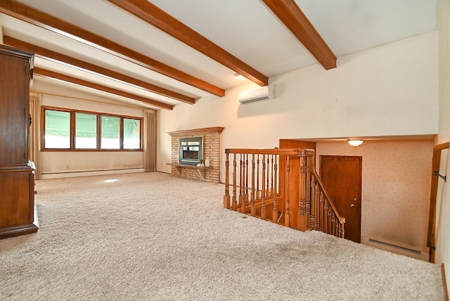 interior space with beam ceiling, carpet flooring, a wall mounted AC, and a baseboard radiator