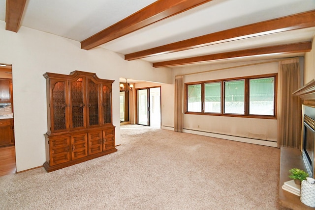 unfurnished living room with beam ceiling, baseboard heating, an inviting chandelier, and carpet floors