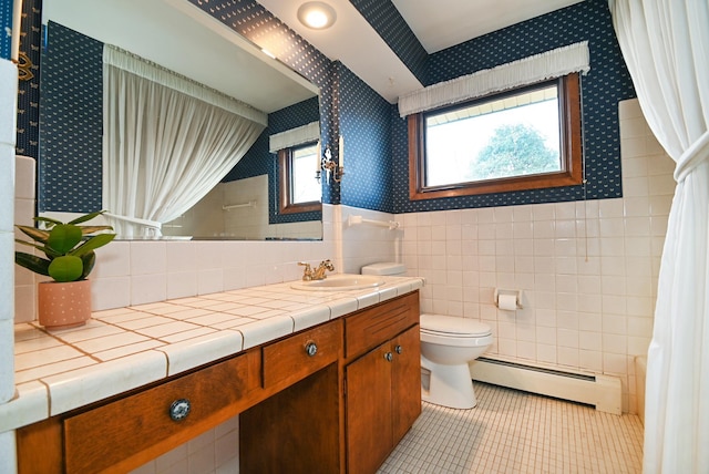 full bath featuring toilet, wallpapered walls, tile patterned flooring, baseboard heating, and vanity