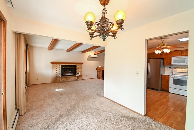 unfurnished living room featuring a brick fireplace, a baseboard heating unit, beamed ceiling, light colored carpet, and a wall mounted air conditioner