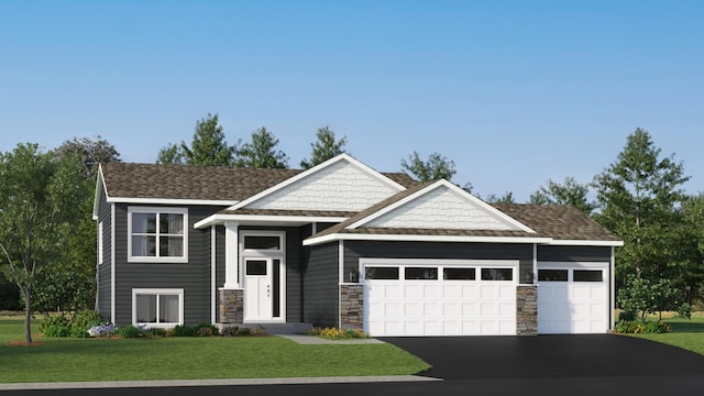 craftsman house featuring an attached garage, a shingled roof, driveway, stone siding, and a front yard