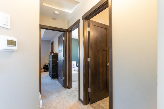 corridor with baseboards and light colored carpet