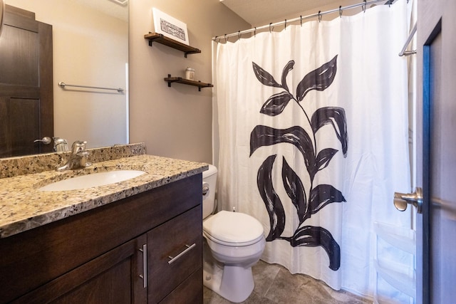 full bath with toilet, tile patterned floors, curtained shower, and vanity