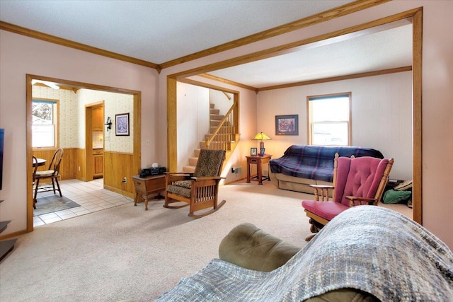 carpeted living area featuring a wainscoted wall, wooden walls, stairs, and ornamental molding