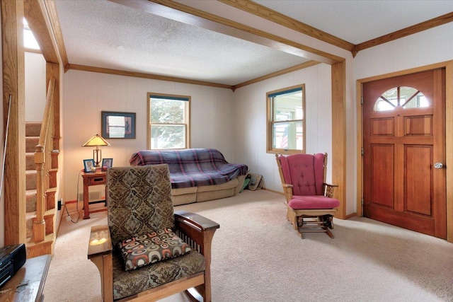 living room featuring carpet, ornamental molding, and a textured ceiling