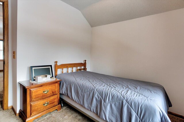 307 Oak St, Glenwood City, WI 54013 - bedroom with lofted ceiling, light carpet, and baseboards