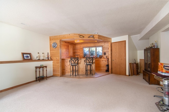 interior space with carpet floors, wooden walls, a bar, and a textured ceiling