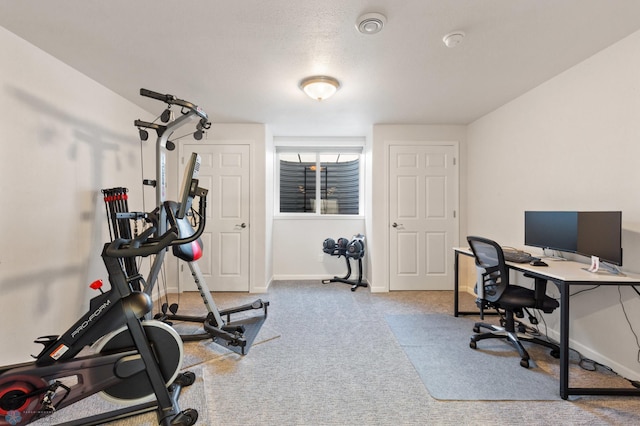 exercise area featuring carpet and baseboards