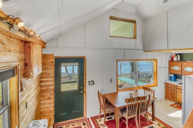 47166 Franklin Ct, Dunn Twp, MN 56572 - dining room with lofted ceiling and wood walls