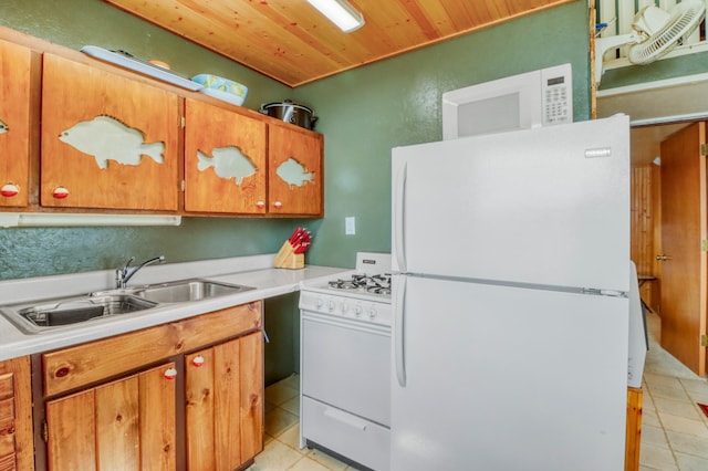 47166 Franklin Ct, Dunn Twp, MN 56572 - kitchen featuring white appliances, light tile patterned floors, a sink, light countertops, and wooden ceiling