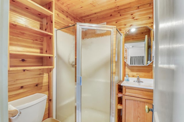 47166 Franklin Ct, Dunn Twp, MN 56572 - bathroom featuring a shower stall, vanity, toilet, and wood walls
