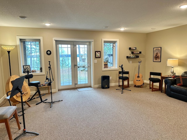 workout area featuring a textured ceiling, carpet floors, and baseboards