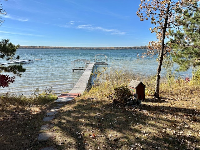 view of dock with a water view