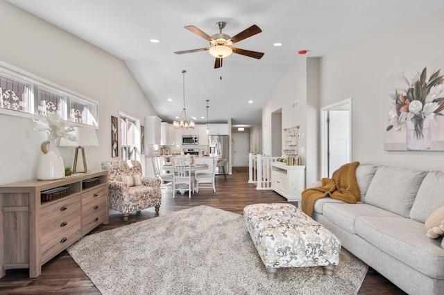 1125 Hewitt Blvd, Red Wing, MN 55066 - living area with a ceiling fan, a chandelier, dark wood-style floors, high vaulted ceiling, and recessed lighting