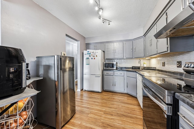 kitchen with light wood finished floors, gray cabinets, appliances with stainless steel finishes, a sink, and under cabinet range hood