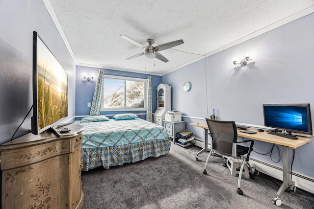 bedroom with a textured ceiling, carpet, a ceiling fan, and crown molding