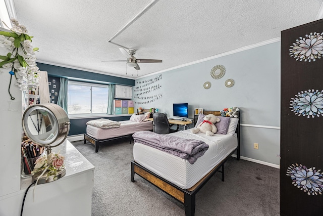 bedroom with baseboards, ceiling fan, ornamental molding, a textured ceiling, and carpet flooring