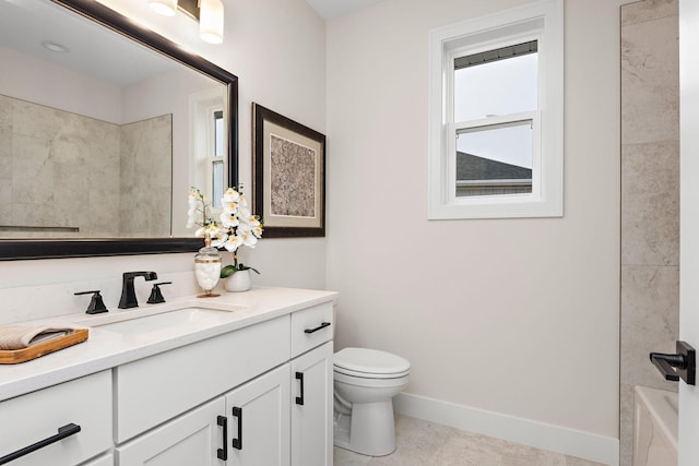 full bath with a shower, a tub to relax in, toilet, vanity, and baseboards