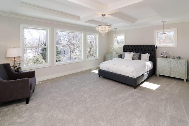 bedroom with light carpet, baseboards, coffered ceiling, and crown molding