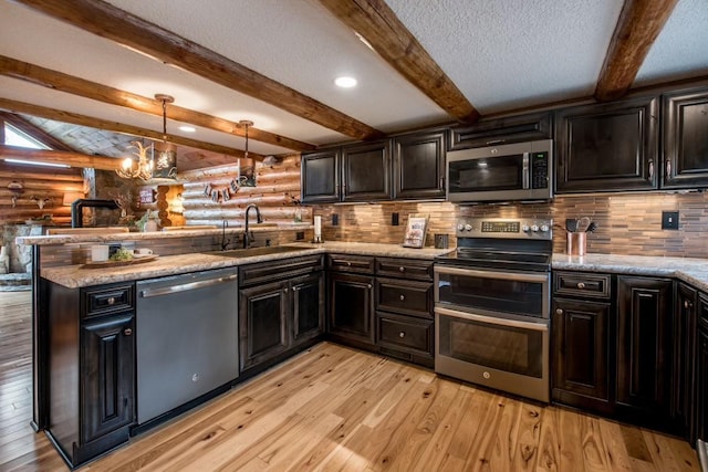 kitchen featuring a peninsula, a sink, appliances with stainless steel finishes, log walls, and light wood finished floors