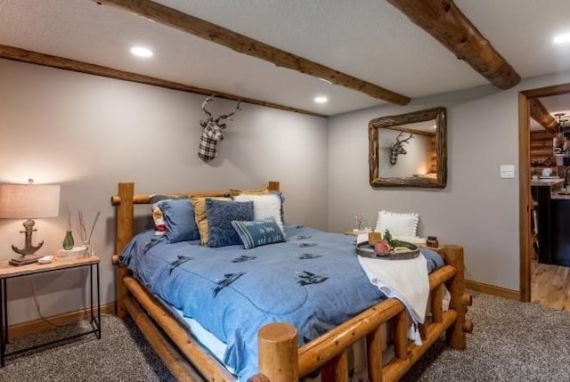 bedroom with baseboards, carpet flooring, beamed ceiling, and recessed lighting