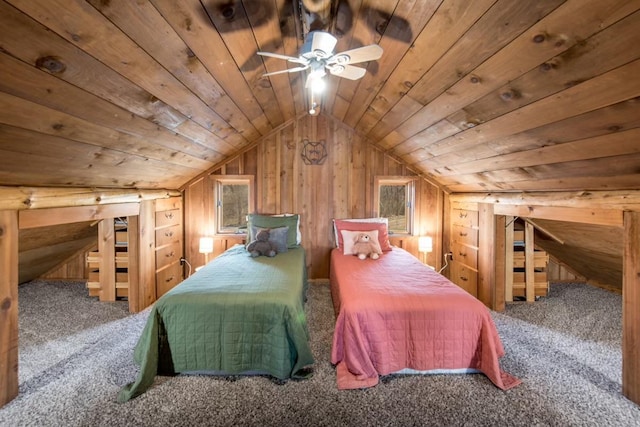 bedroom with wood walls, wood ceiling, vaulted ceiling, and carpet