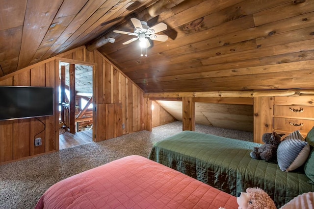 carpeted bedroom featuring wood ceiling, vaulted ceiling, and wooden walls