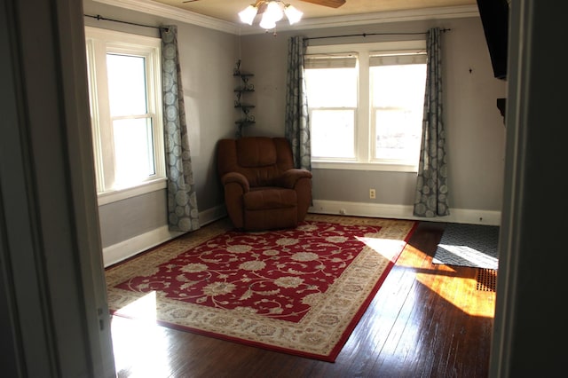 living area featuring plenty of natural light, hardwood / wood-style floors, and ornamental molding