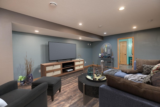 living room with baseboards, dark wood-type flooring, and recessed lighting