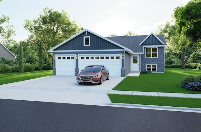 view of front of house featuring a front lawn, a garage, board and batten siding, and driveway