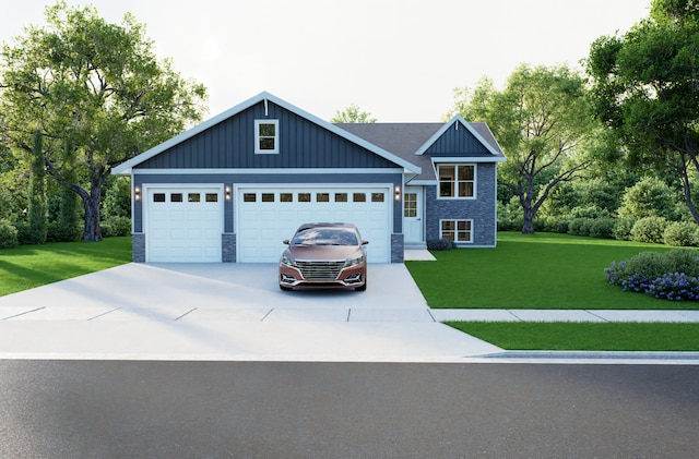 view of front of house featuring board and batten siding, a front lawn, concrete driveway, and stone siding