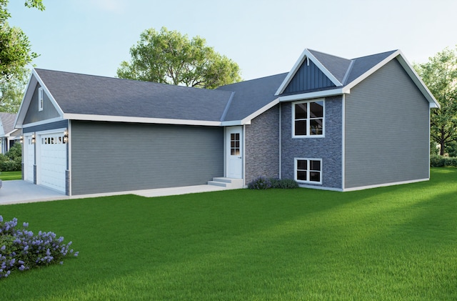 view of front of property with an attached garage, board and batten siding, a front yard, and entry steps