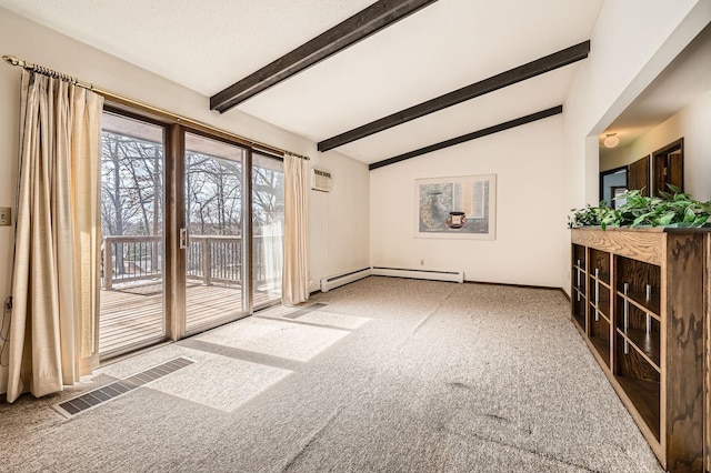 unfurnished living room featuring visible vents, vaulted ceiling with beams, baseboards, carpet flooring, and baseboard heating