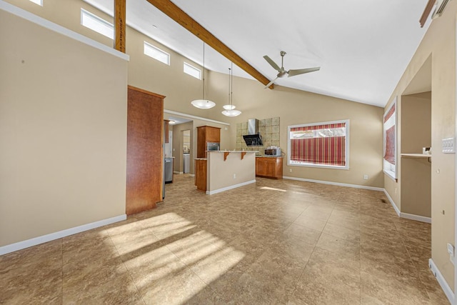 unfurnished living room with a ceiling fan, beam ceiling, high vaulted ceiling, and baseboards