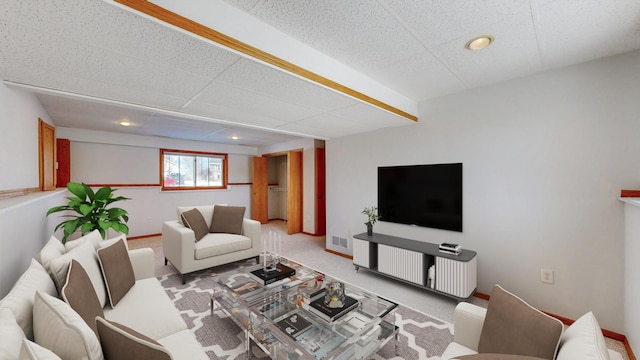 living area featuring light carpet, visible vents, and baseboards